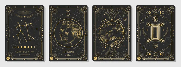 占星術ジェミニ黄道帯の特徴を持つ現代魔法の魔術カードのセット ベクトルイラスト — ストックベクタ