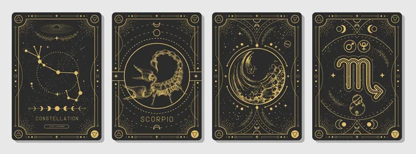 Zestaw Nowoczesnych Magicznych Kart Czarnoksięskich Astrologią Znak Zodiaku Skorpiona Charakterystyczny — Wektor stockowy