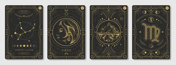 Zestaw Nowoczesnych Magicznych Kart Czarnoksięskich Astrologią Znak Zodiaku Panny Charakterystyczny — Wektor stockowy