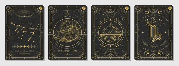 Zestaw Nowoczesnych Magicznych Kart Czarnoksięskich Astrologią Koziorożec Znak Zodiaku Charakterystyczny — Wektor stockowy