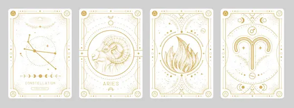 Soubor Moderních Kouzelnických Karet Astrologií Aries Zodiac Znamení Charakteristické Vektorová — Stockový vektor