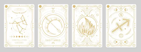 Soubor Moderních Kouzelnických Karet Astrologií Sagittarius Zodiac Znakové Charakteristiky Vektorová — Stockový vektor