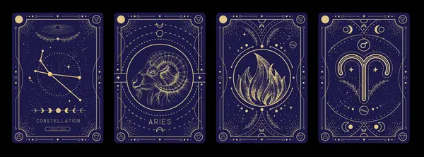 Conjunto Cartas Brujería Mágica Moderna Con Astrología Signo Del Zodíaco — Archivo Imágenes Vectoriales