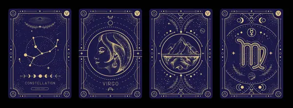 Set Modern Magic Witchcraft Cards Astrology Virgo Zodiac Sign Characteristic — Stock Vector