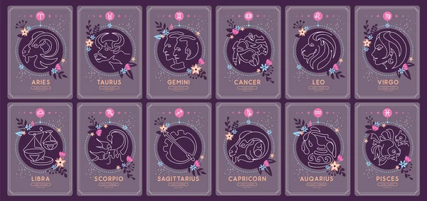 Sada Moderních Kouzelnických Karet Astrologickými Zvěrokruhovými Znaky Noční Obloze Zvěrokruh — Stockový vektor