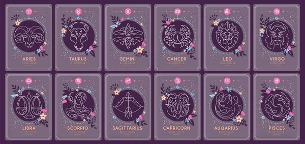 夜空に占星術の黄道帯のサインが付いている現代魔法の魔術のカードのセット ゾディアックの特徴 ゾディアックアイコン ベクトルイラスト — ストックベクタ