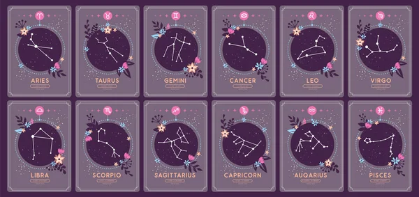 一套带有占星术黄道带星座的现代魔法魔法卡片 黄道带图标 矢量说明 — 图库矢量图片