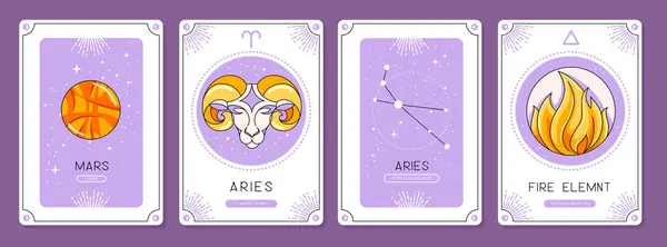 Set Cartoon Magic Witchcraft Cards Astrology Aries Zodiac Sign Characteristic — Stock Vector