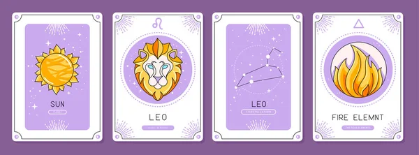 Set Cartoon Magic Witchcraft Cards Astrology Leo Zodiac Sign Characteristic — Stock Vector