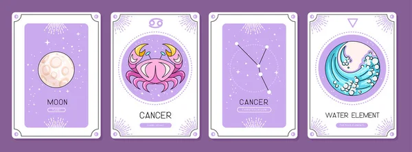 Ensemble Cartes Sorcellerie Magique Dessin Animé Avec Astrologie Cancer Signe — Image vectorielle