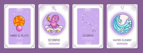 Set Cartoon Magic Witchcraft Cards Astrology Scorpio Zodiac Sign Characteristic — Stock Vector