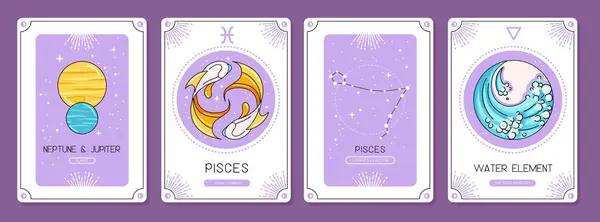 占星術の魚座黄道帯の特徴を持つ漫画魔法の魔女カードのセット ベクトルイラスト — ストックベクタ