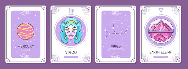 Set Cartoon Magic Witchcraft Cards Astrology Virgo Zodiac Sign Characteristic — Stock Vector