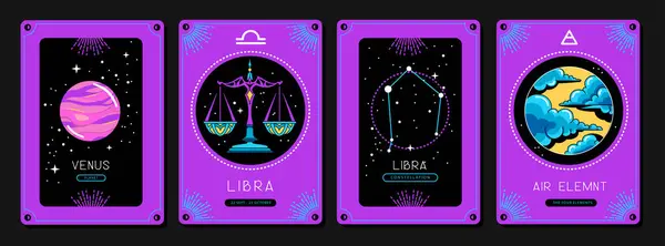 Set Fluorescent Cartoon Magic Witchcraft Cards Astrology Libra Zodiac Sign — Stock Vector