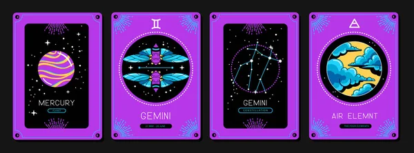 Sett Med Fluorescerende Tegneserie Magiske Trolldomskort Med Astrologi Gemini Stjernetegn – stockvektor