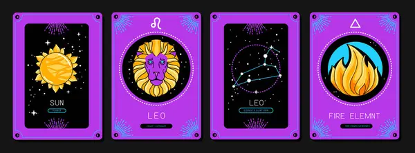 Conjunto Caricaturas Fluorescentes Cartas Mágicas Brujería Con Astrología Signo Zodiacal — Archivo Imágenes Vectoriales