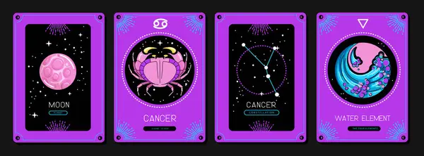 Conjunto Cartões Bruxaria Mágica Desenhos Animados Fluorescentes Com Astrologia Característica — Vetor de Stock