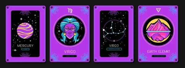 Set Fluorescent Cartoon Magic Witchcraft Cards Astrology Virgo Zodiac Sign — Stock Vector