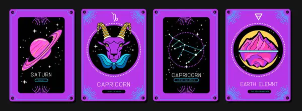 Set Fluorescent Cartoon Magic Witchcraft Cards Astrology Capricorn Zodiac Sign — Stock Vector