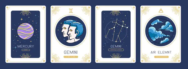 Conjunto Cartas Brujería Mágica Dibujos Animados Con Astrología Signo Zodiacal — Archivo Imágenes Vectoriales