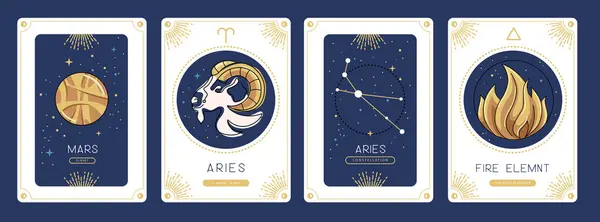 Set Cartoon Magic Witchcraft Cards Astrology Aries Zodiac Sign Characteristic — Stock Vector