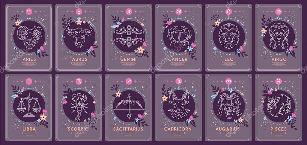 Set of Modern magic witchcraft cards with astrology zodiac signs in the night sky. Zodiac characteristic. Zodiac icons. Vector illustration