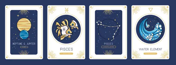 Ensemble Cartes Sorcellerie Magique Dessin Animé Avec Astrologie Poissons Signe — Image vectorielle