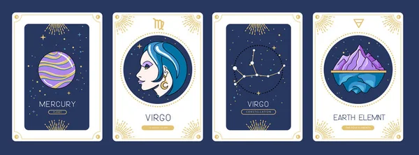Sett Med Tegneseriemagi Heksekort Med Astrologi Virgo Stjernetegn Karakteristikk Vektorillustrasjon – stockvektor