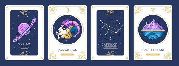 Set Cartoon Magic Witchcraft Cards Astrology Capricorn Zodiac Sign Characteristic — Stock Vector