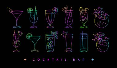 Farklı bardaklarda modern floresan serisi sanat kokteylleri. Kokteyl menüsü tasarımı. Vetor illüstrasyonu