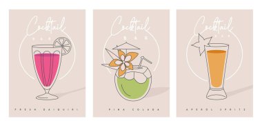 Farklı bardaklarda kokteyller olan modern kokteyl parti posterleri. Kokteyl menüsü tasarımı. Vektör illüstrasyonu