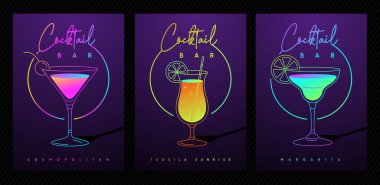 Farklı bardaklarda kokteyl bulunan modern floresan parti posterleri. Kokteyl menüsü tasarımı. Vektör illüstrasyonu