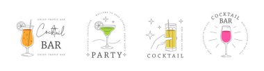 Farklı kokteyllerle modern çizgi sanat logosu, etiket ya da amblem tasarımı. Vektör illüstrasyonu