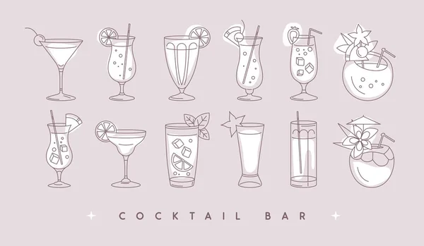 一套现代线艺术鸡尾酒在不同类型的眼镜 鸡尾酒菜单的设计 维多例证 — 图库矢量图片