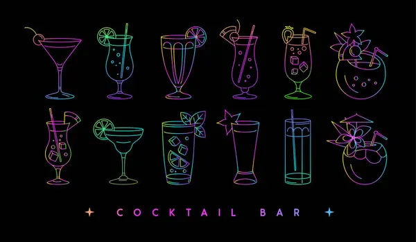 一套现代荧光线艺术鸡尾酒在不同类型的眼镜 鸡尾酒菜单的设计 维多例证 — 图库矢量图片