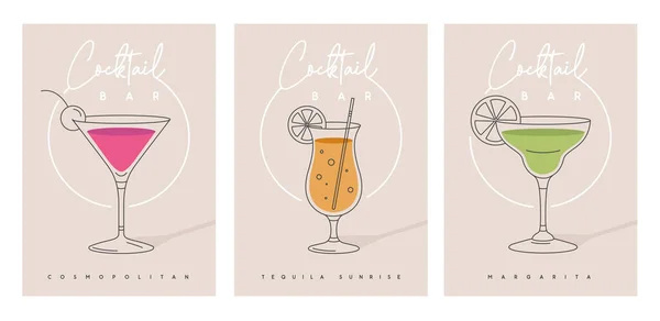 一套现代鸡尾酒会海报与鸡尾酒在不同类型的眼镜 鸡尾酒菜单的设计 矢量说明 — 图库矢量图片