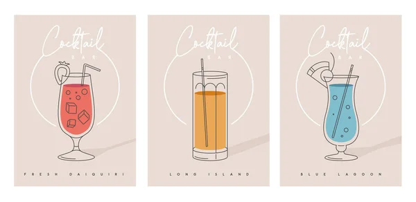 Set Moderni Poster Cocktail Party Con Cocktail Diversi Tipi Bicchieri — Vettoriale Stock