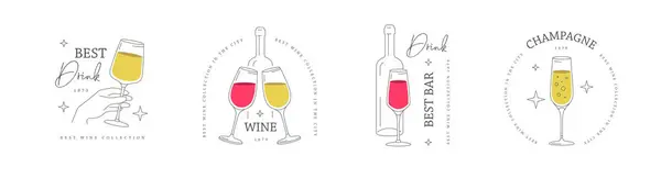Set Modern Line Art Logo Label Emblem Design Wine Glass — Stock Vector