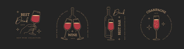 Набор современного художественного логотипа, этикетки или эмблемы с бокалом вина и бутылкой. Векторная иллюстрация