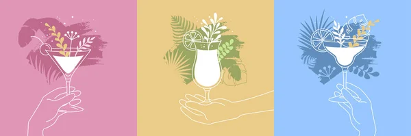 Cocktailset Verschiedenen Gläsern Mit Floralen Elementen Und Menschlicher Handsilhouette Vektorillustration — Stockvektor
