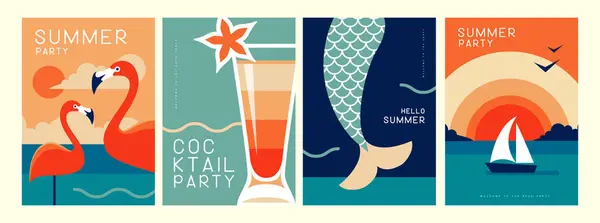 Set Retro Sommerposter Mit Sommerlichen Attributen Cocktail Silhouette Flamingo Meerjungfrauen — Stockvektor