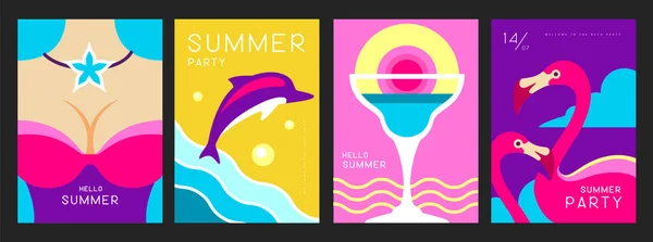 Set Retro Sommerposter Mit Sommerlichen Attributen Cocktail Silhouette Flamingo Mädchen — Stockvektor