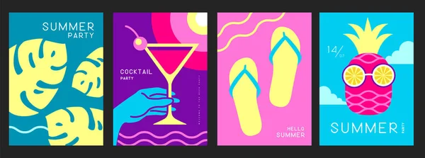 Set Retro Posters Summer Attributes Cocktail Cosmopolitan Tropic Leaf Flip — Stock Vector