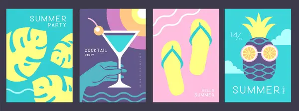 Set Retro Posters Summer Attributes Cocktail Cosmopolitan Tropic Leaf Flip — Stock Vector