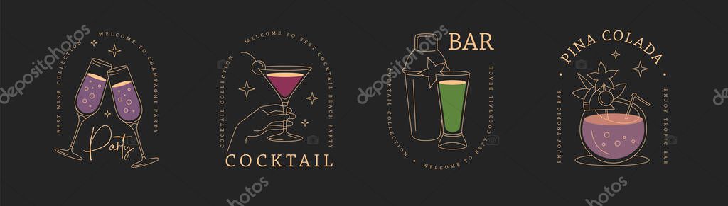 Set of modern line art logo, label or emblem design with different cocktails. Vector illustration