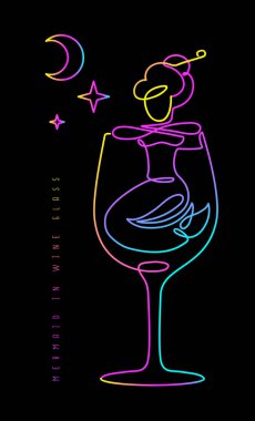 Şarap kadehindeki deniz kızının flüoresan aralıksız çizgisi çizimi