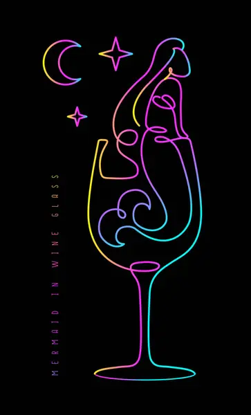 Fluorescent Continuous Line Vector Illustration Mermaid Wine Glass — Stock Vector