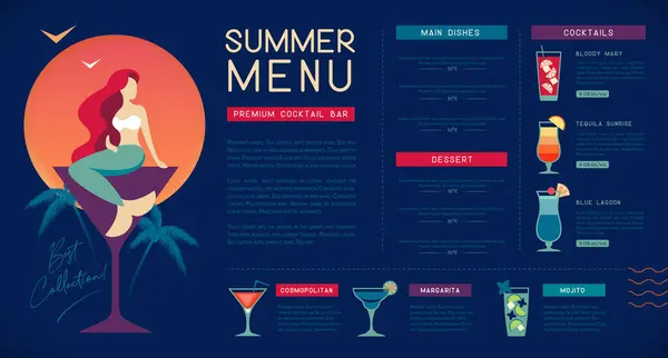 Retro Summer Restaurant Cocktail Menu Design Mermaid Cocktail Glass Vector — Stock Vector