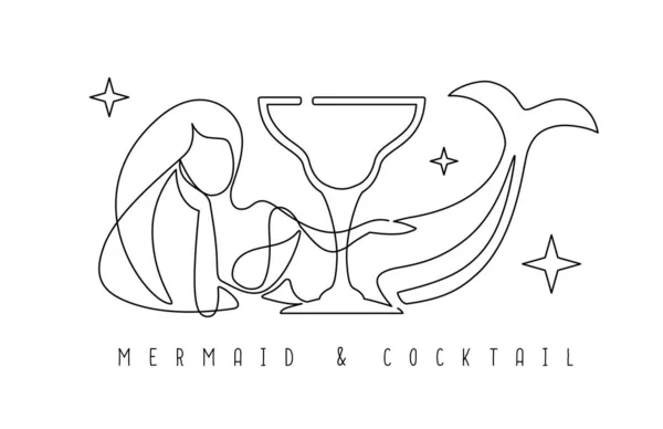 Continu Lijn Vector Illustratie Van Zeemeermin Met Cocktailglas — Stockvector