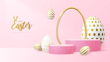 3 boyutlu podyum ve paskalya yumurtalı Paskalya gösterisi pembe arka planı. Vektör illüstrasyonu